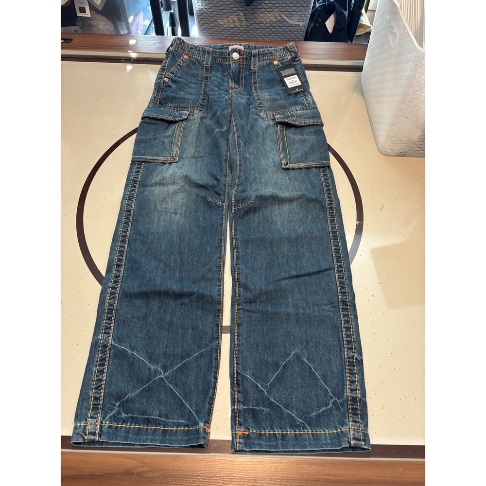 257 True Religion Mosaic Canyon Cargo Pant Big T Blue Denim Wide Leg Size 25 - Picture 2 of 8